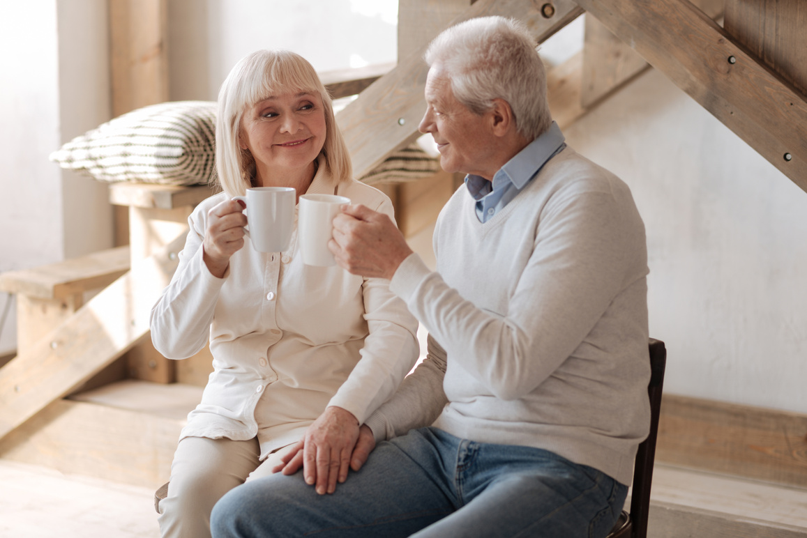 Happy aged couple drinking tea