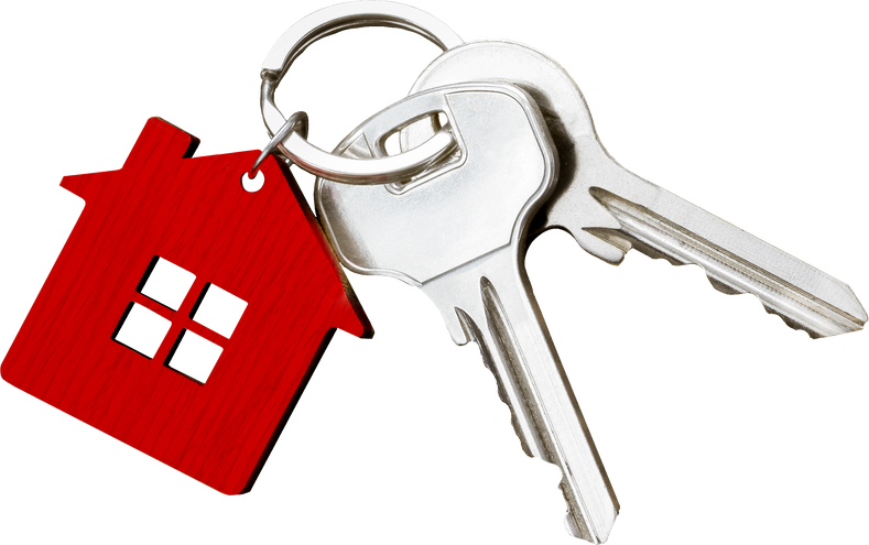 House keys with house shaped keychain isolated on white background